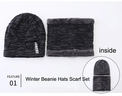 Winter Beanie Mütze & Schlauchschal Set Herren, Warme Strickmütze mit Fleece Futter, Winterset mit Nackenwärmer