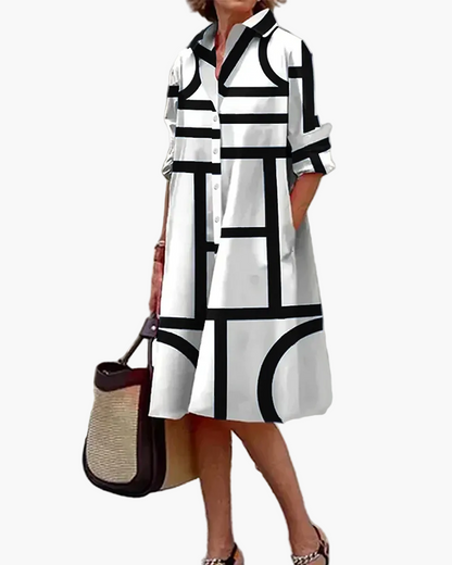 Damen Shirtkleid mit geometrischem Print und Taschen – Eleganter Freizeit- und Büro-Look