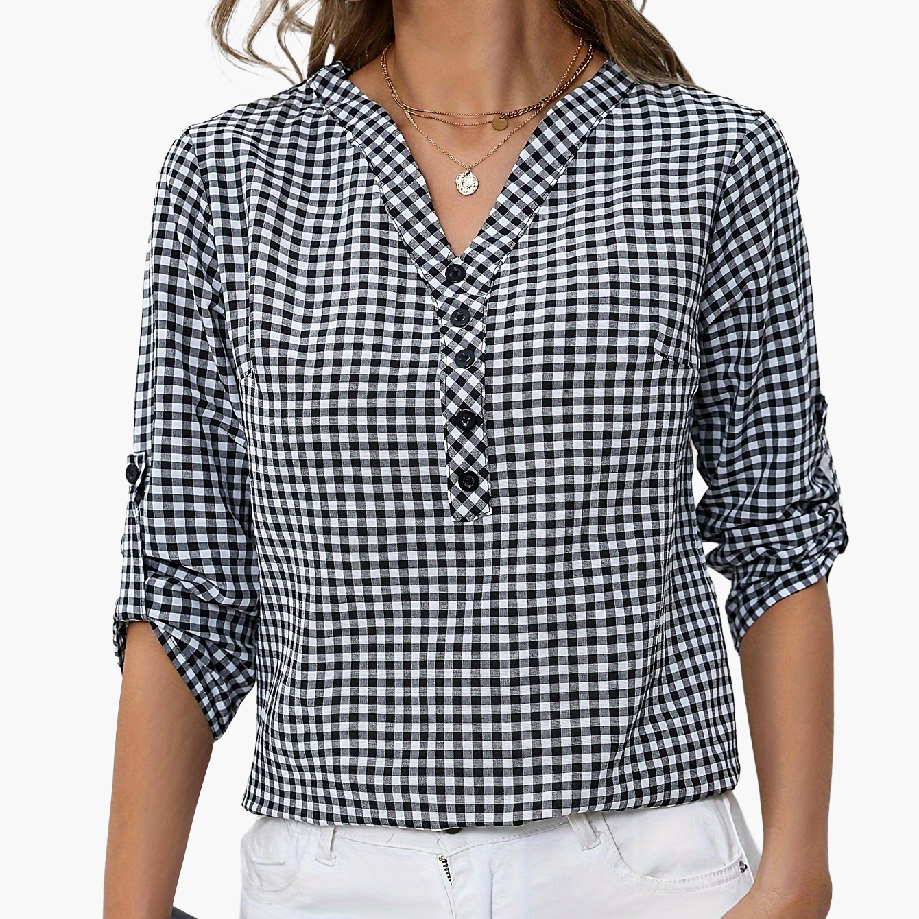 Damen Casual Karo Bluse mit Knopfleiste und 3/4-Ärmeln – Perfekt für Alltag & Büro