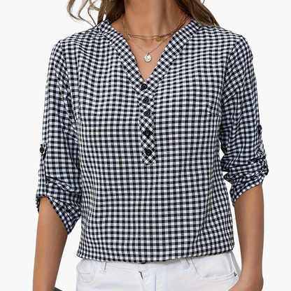 Damen Casual Karo Bluse mit Knopfleiste und 3/4-Ärmeln – Perfekt für Alltag & Büro