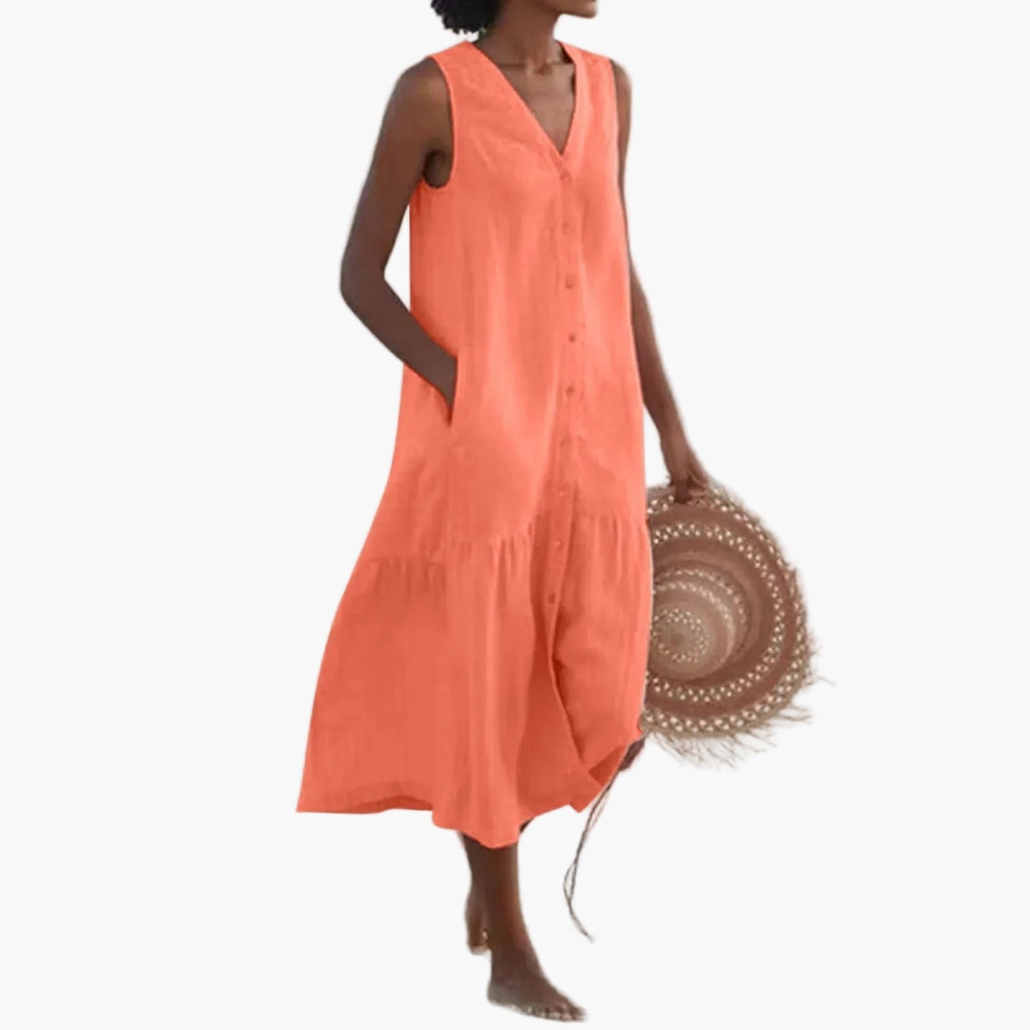 Damen Sommer Strandkleid ärmellos V-Ausschnitt Knopfleiste Freizeitkleid