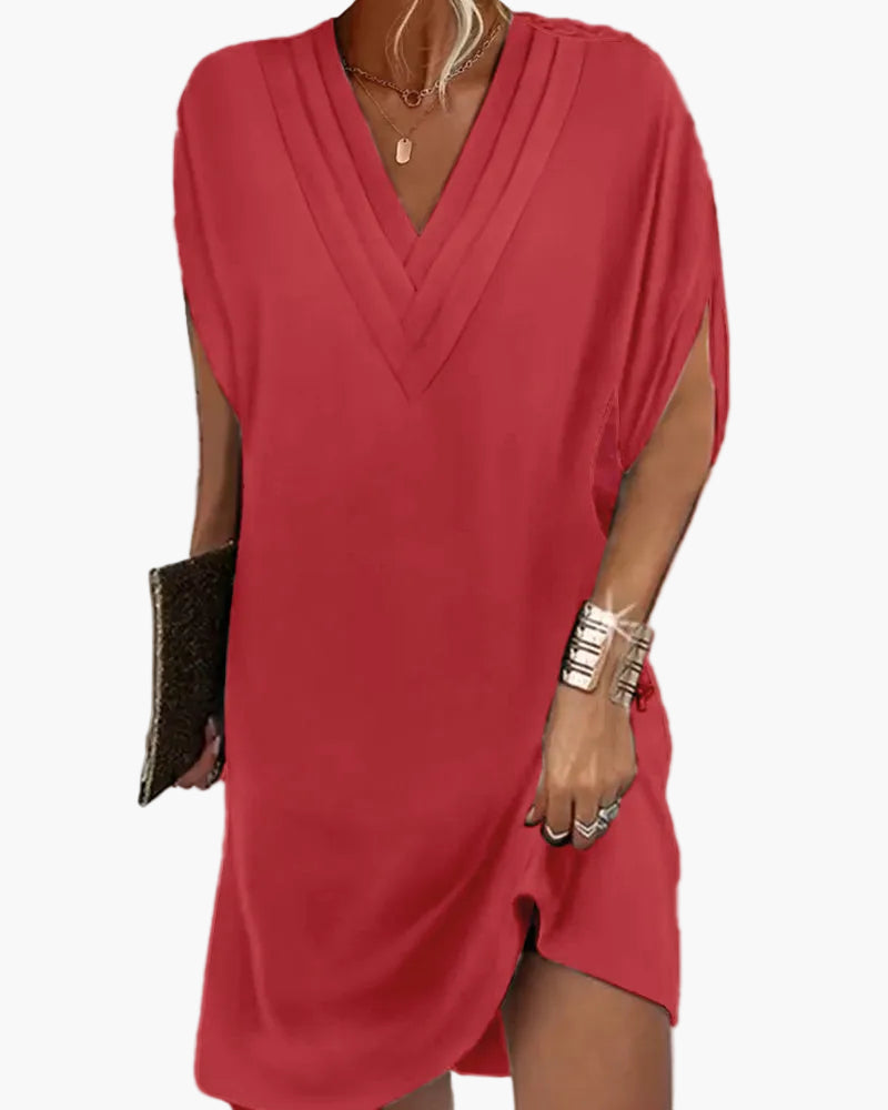 Damen Kleid Elegant V-Ausschnitt Kurzarm Sommer Freizeitkleid mit Schlitz