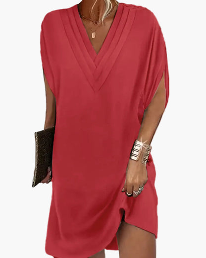 Damen Kleid Elegant V-Ausschnitt Kurzarm Sommer Freizeitkleid mit Schlitz