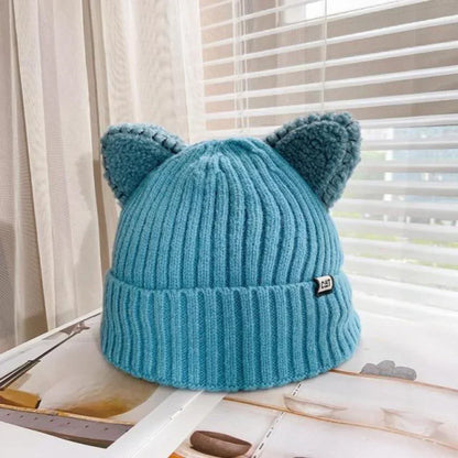 Gerippte Beanie Mütze mit Katzenohren und Umschlag, verschiedene Farben