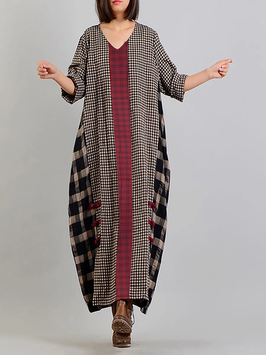 Damen Retro Maxikleid mit Karomuster und V-Ausschnitt – Lässiger Vintage-Stil für Alltag und Freizeit