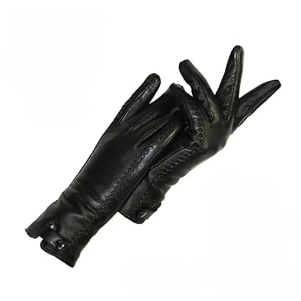 Schwarze Handschuhe aus weichem Material mit Knopfdetails und sichtbaren Nähten
