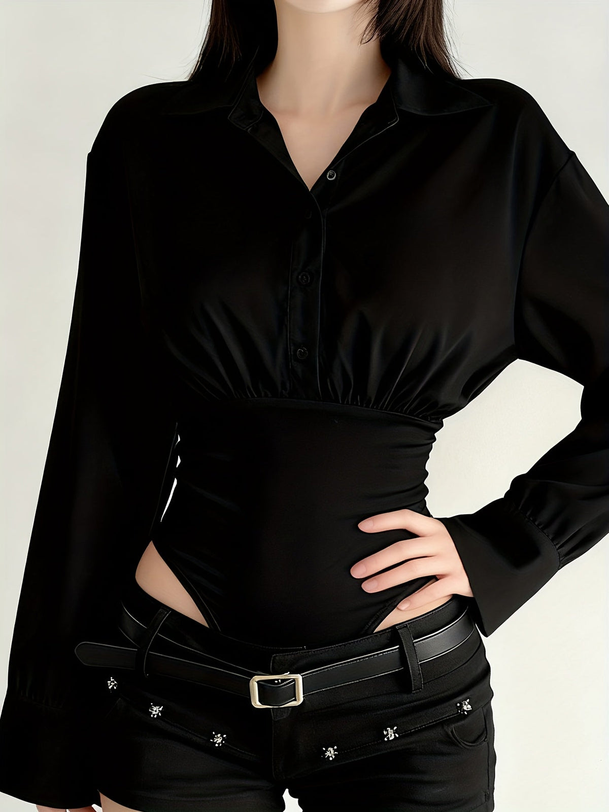 Damen Body Bluse Langarm Hemdblusen-Stil mit geraffter Taille