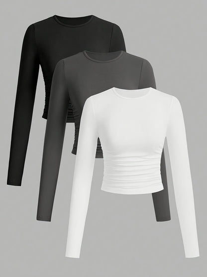 Damen Langarmshirt 3er Pack Rundhals Crop Top geraffte Seiten Schwarz Grau Weiß