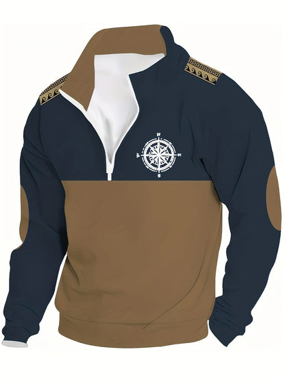 Herren Halbarm-Pullover mit Reißverschluss, Kompass-Motiv & Ellbogen-Patches, Zweifarbig