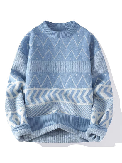 Unisex Pullover Strickpulli Himmelblau mit geometrischem Muster Rundhals Langarm