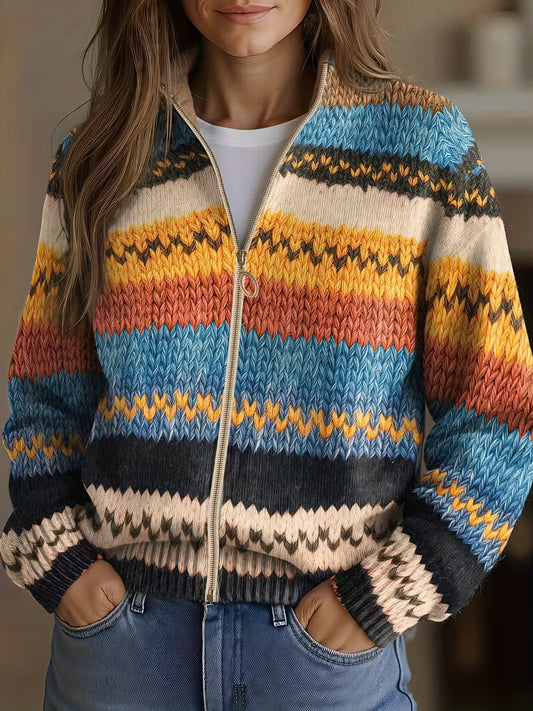 Damen Strickjacke mit Reißverschluss, bunter Streifen- und Zickzackmuster
