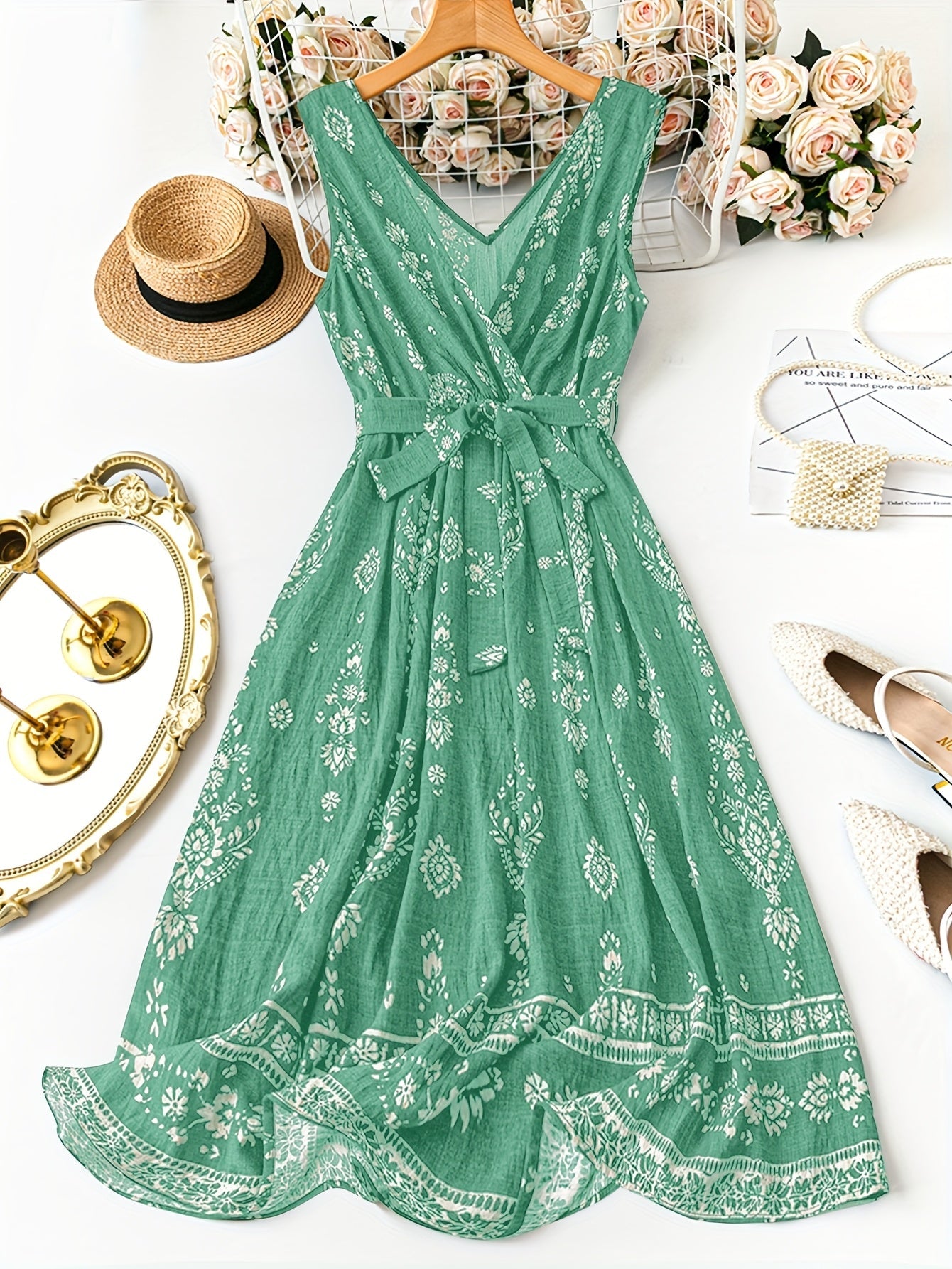 Damen Boho Maxikleid mit Gürtel und Vintage-Blumenmuster – Elegantes Sommerkleid für Freizeit, Strand & Gartenparty