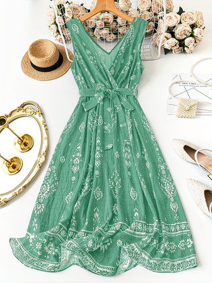 Damen Boho Maxikleid mit Gürtel und Vintage-Blumenmuster – Elegantes Sommerkleid für Freizeit, Strand & Gartenparty