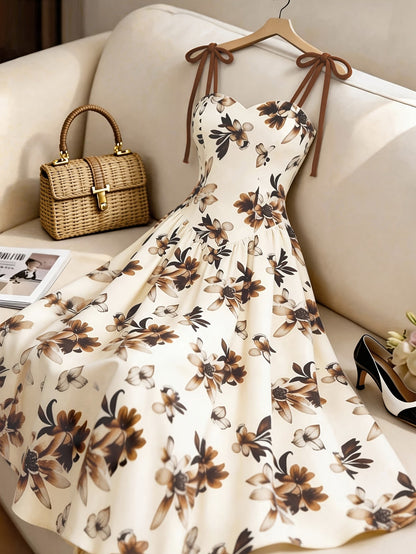 Damen Midikleid mit Blumenmuster und Schleifen-Trägern – Elegantes A-Linien Sommerkleid