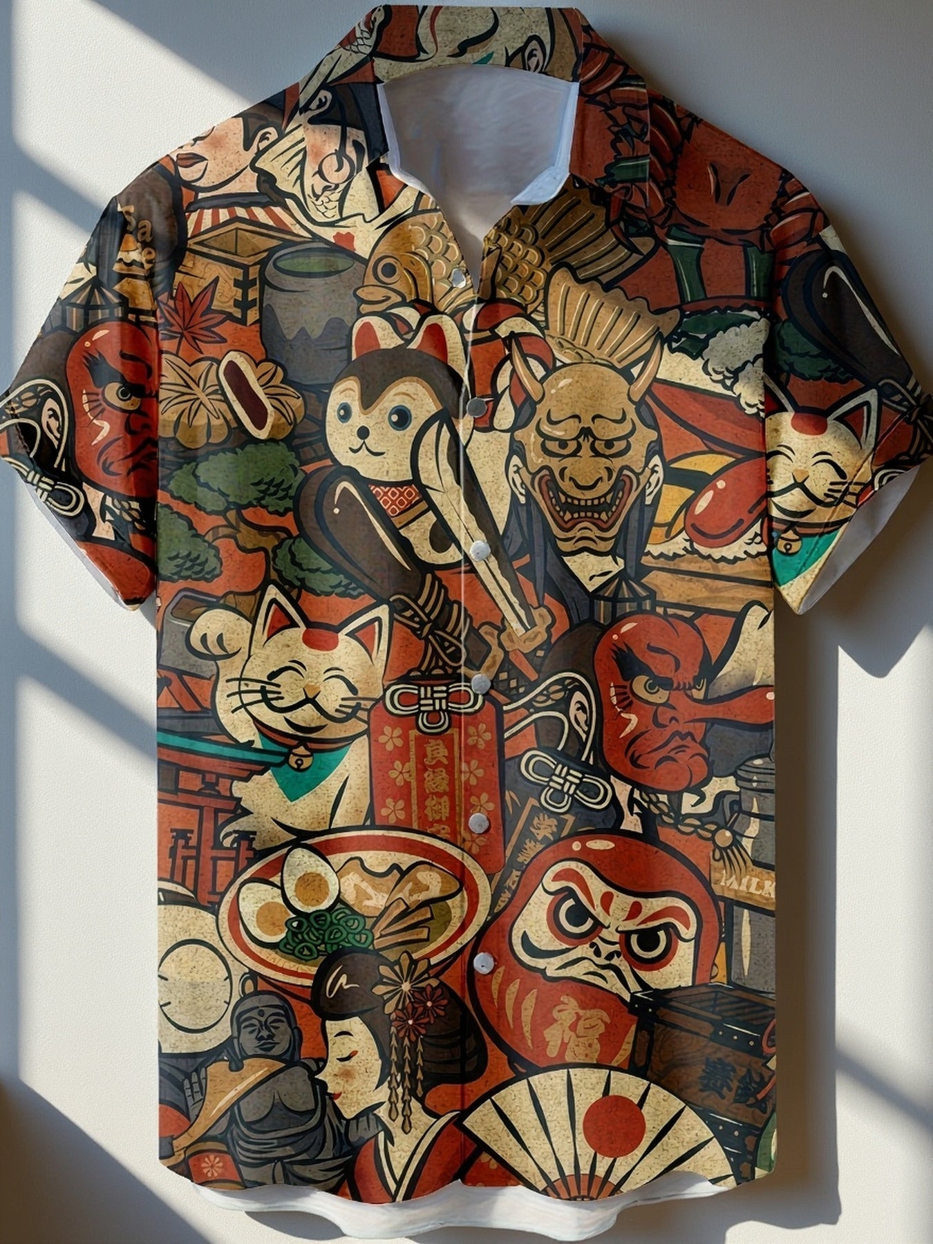 Herren Kurzarmhemd mit japanischem Grafikmuster – Streetwear Kunst Hemd