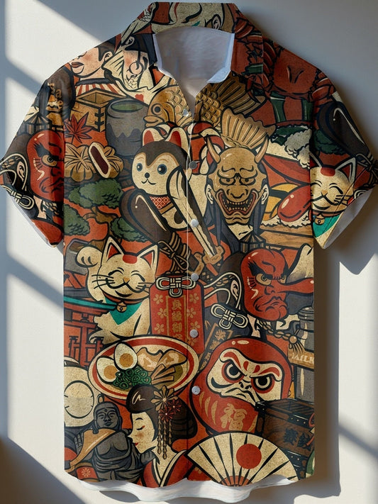 Herren Kurzarmhemd mit japanischem Grafikmuster – Streetwear Kunst Hemd