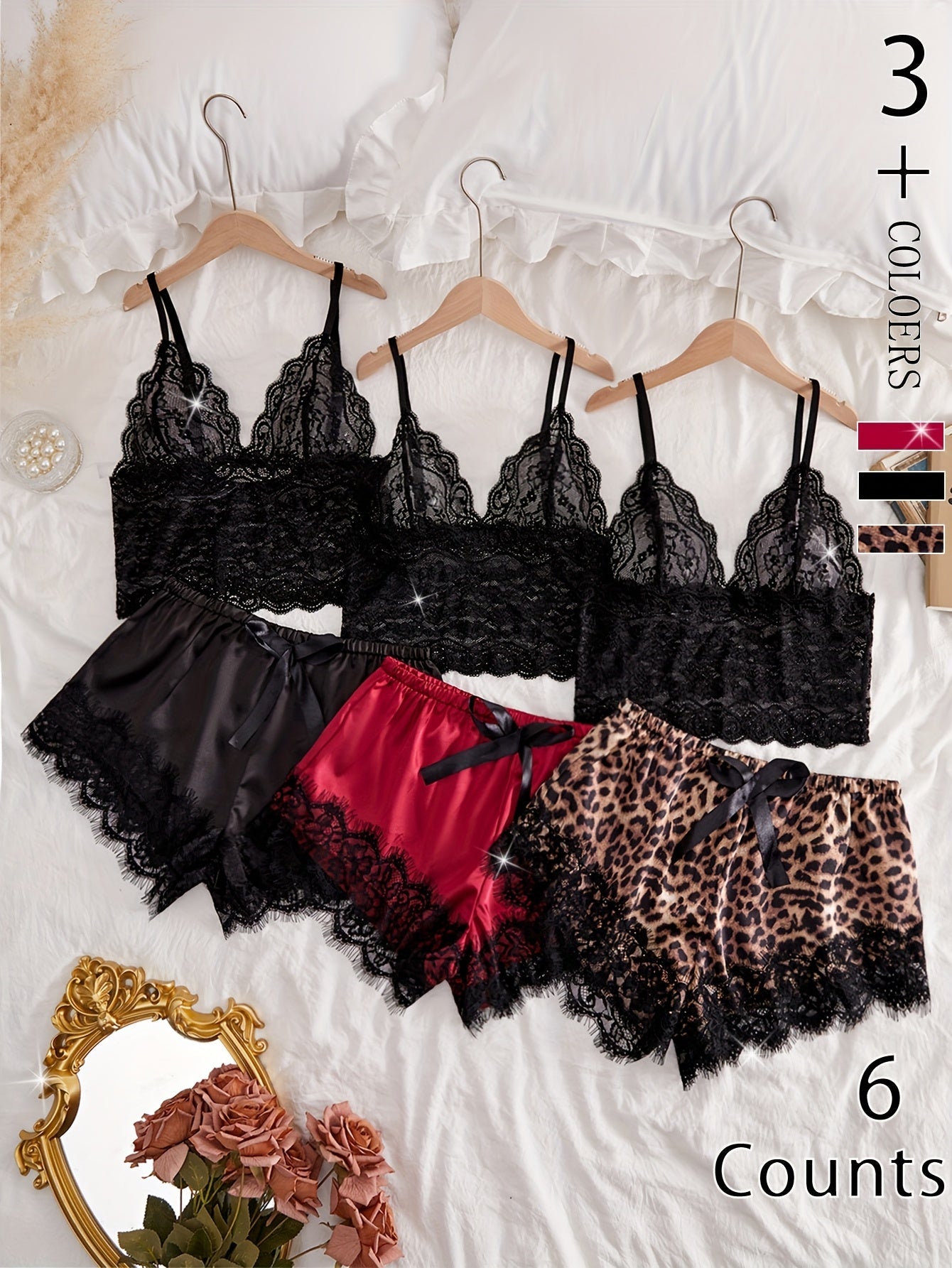 Damen Spitzen-Pyjama-Set 3-teilig – Elegantes Lingerie-Set für stilvolle Nächte