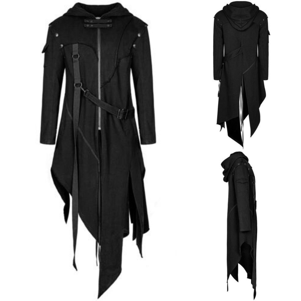 Herren-Mantel im Gothic-Stil mit Kapuze und asymmetrischem Saum