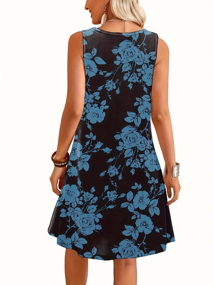 Damen Sommerkleid Ärmellos mit Blumenmuster – Elegantes Freizeitkleid für Alltag und Urlaub