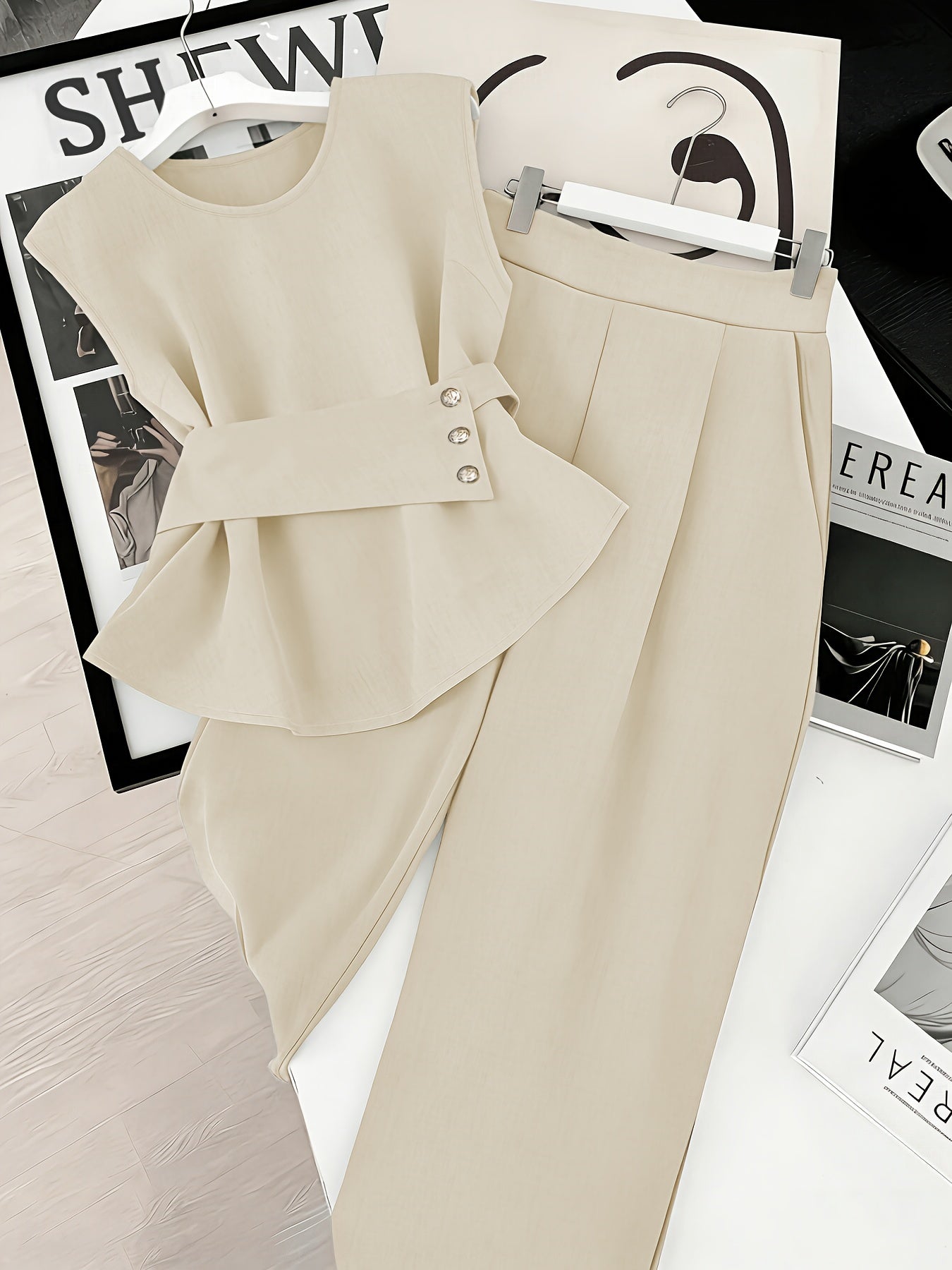 Damen Zweiteiler Set Elegant – Ärmelloses Oberteil mit Gürtel & Gerade Hose, Business & Alltag