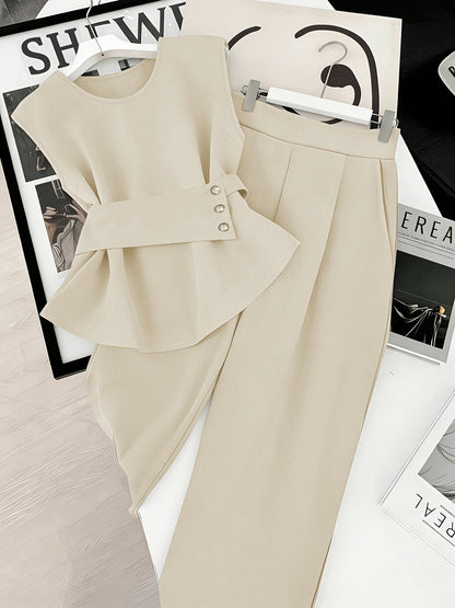 Damen Zweiteiler Set Elegant – Ärmelloses Oberteil mit Gürtel & Gerade Hose, Business & Alltag