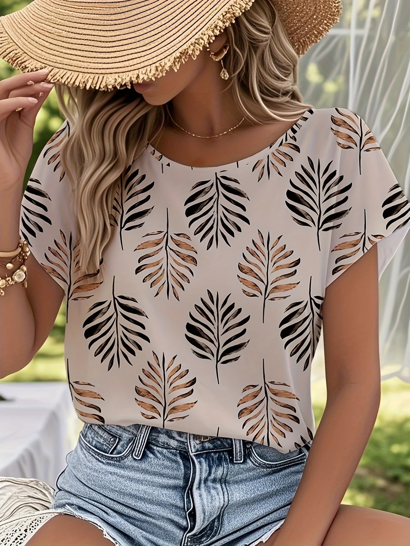 Damen Sommer Bluse mit Blätterdruck – Elegante Freizeitmode für Gartenpartys und Alltag