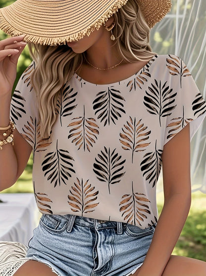 Damen Sommer Bluse mit Blätterdruck – Elegante Freizeitmode für Gartenpartys und Alltag