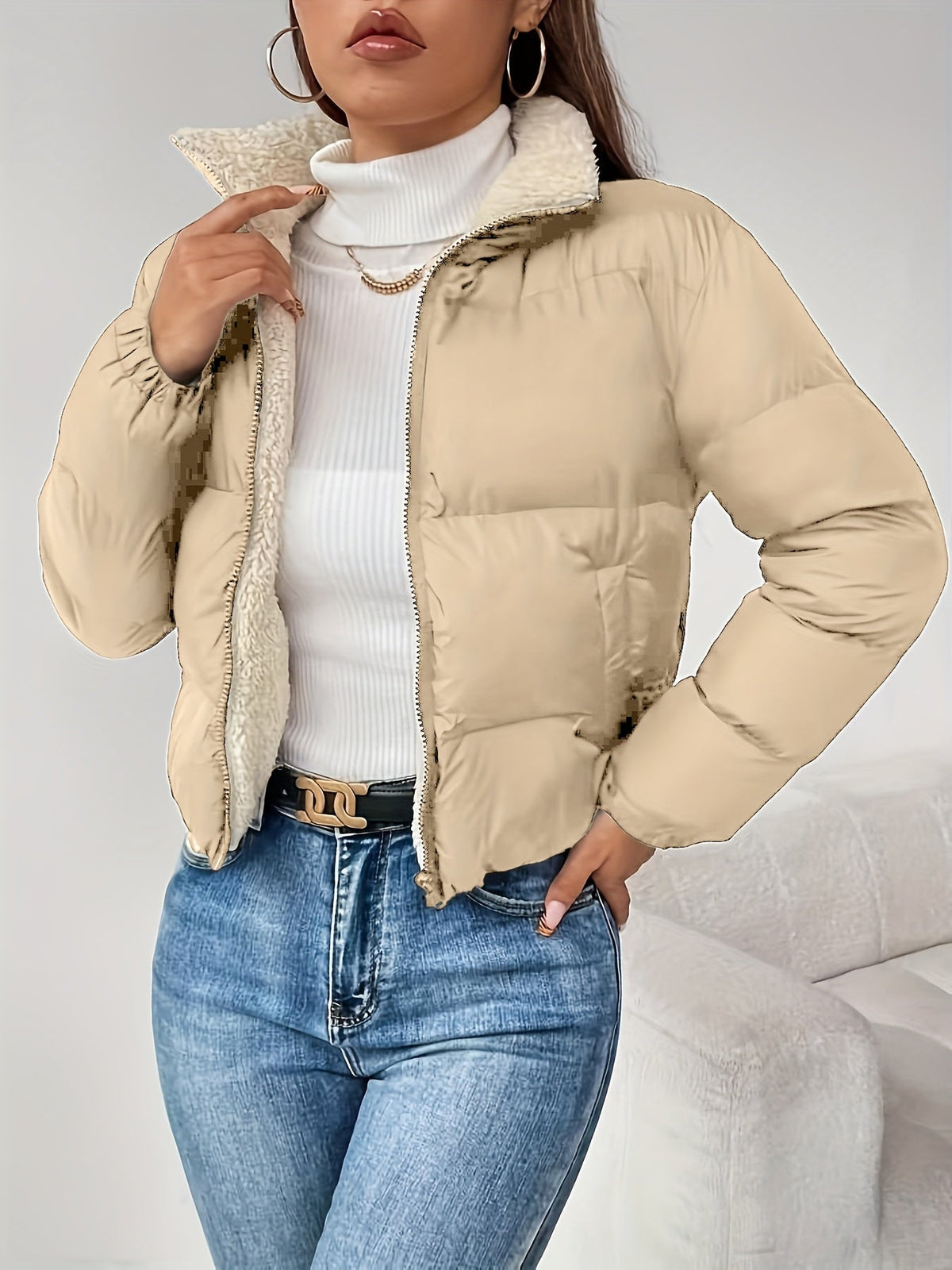 Damen Steppjacke mit Teddyfutter, kurz geschnitten, Reißverschluss