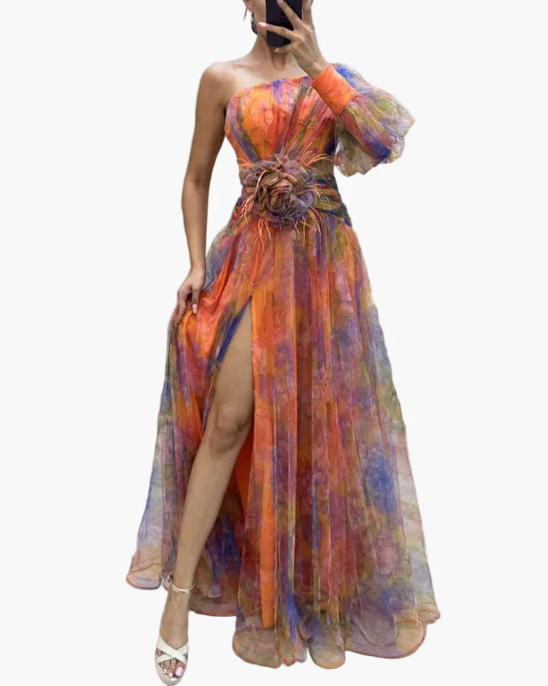 Damen Abendkleid One-Shoulder Maxikleid Elegant mit Schlitz und Federdetails – Perfekt für besondere Anlässe