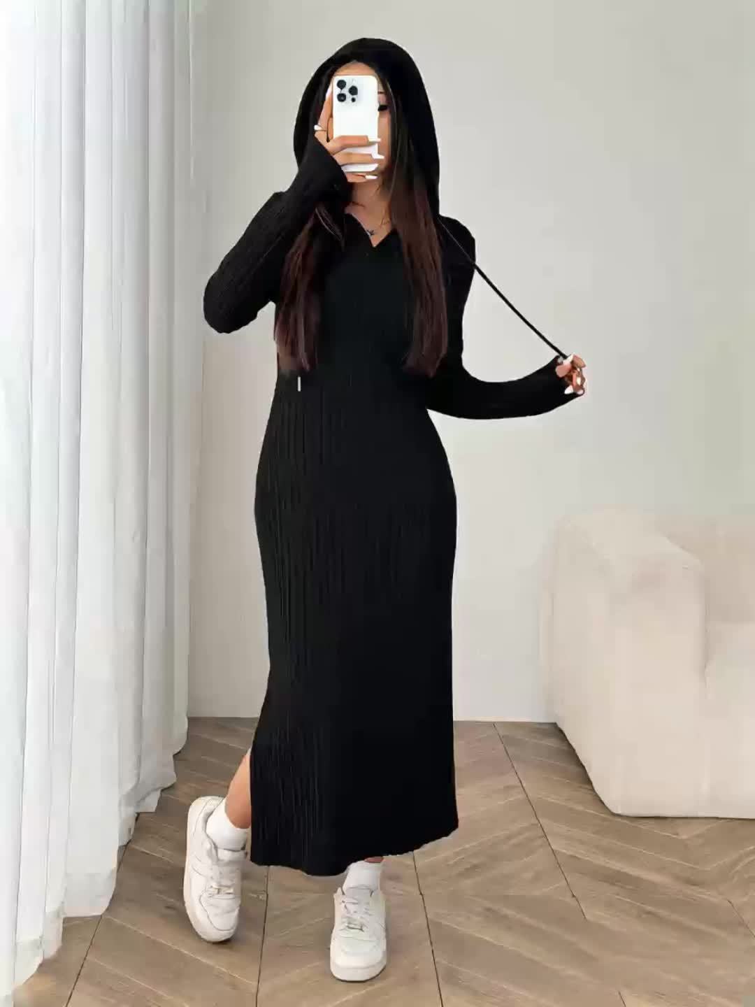 Geripptes Kapuzenkleid Schwarz Langarm Maxi Damen