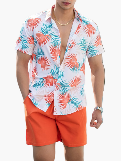 Herren Sommer Strand Set – Kurzarm Hemd und Shorts im tropischen Print, modisch & leger