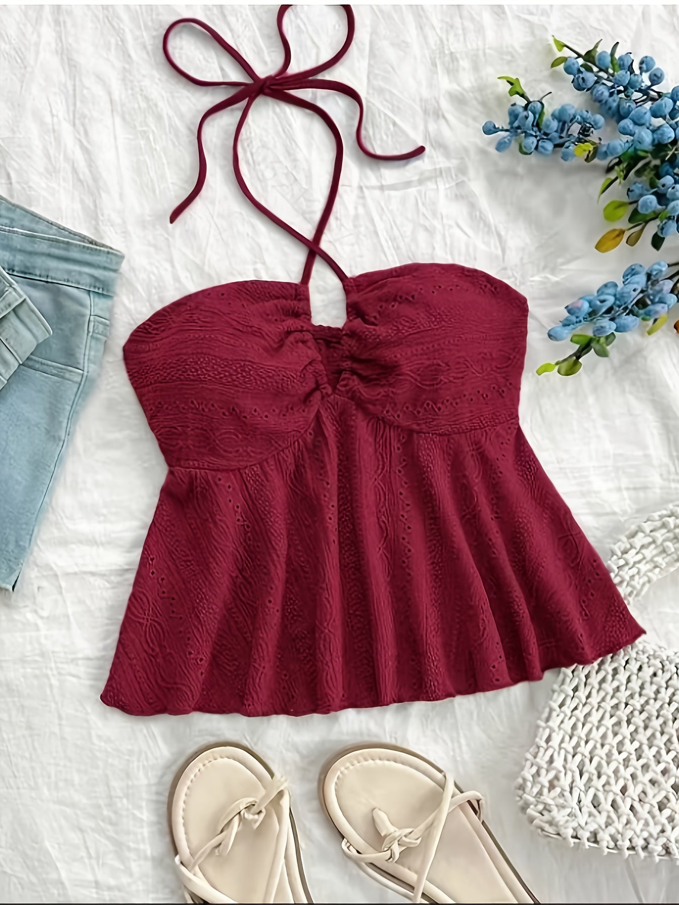 Damen Halter Babydoll Top mit Stickerei und Vintage-Charme – Verspieltes Sommertop