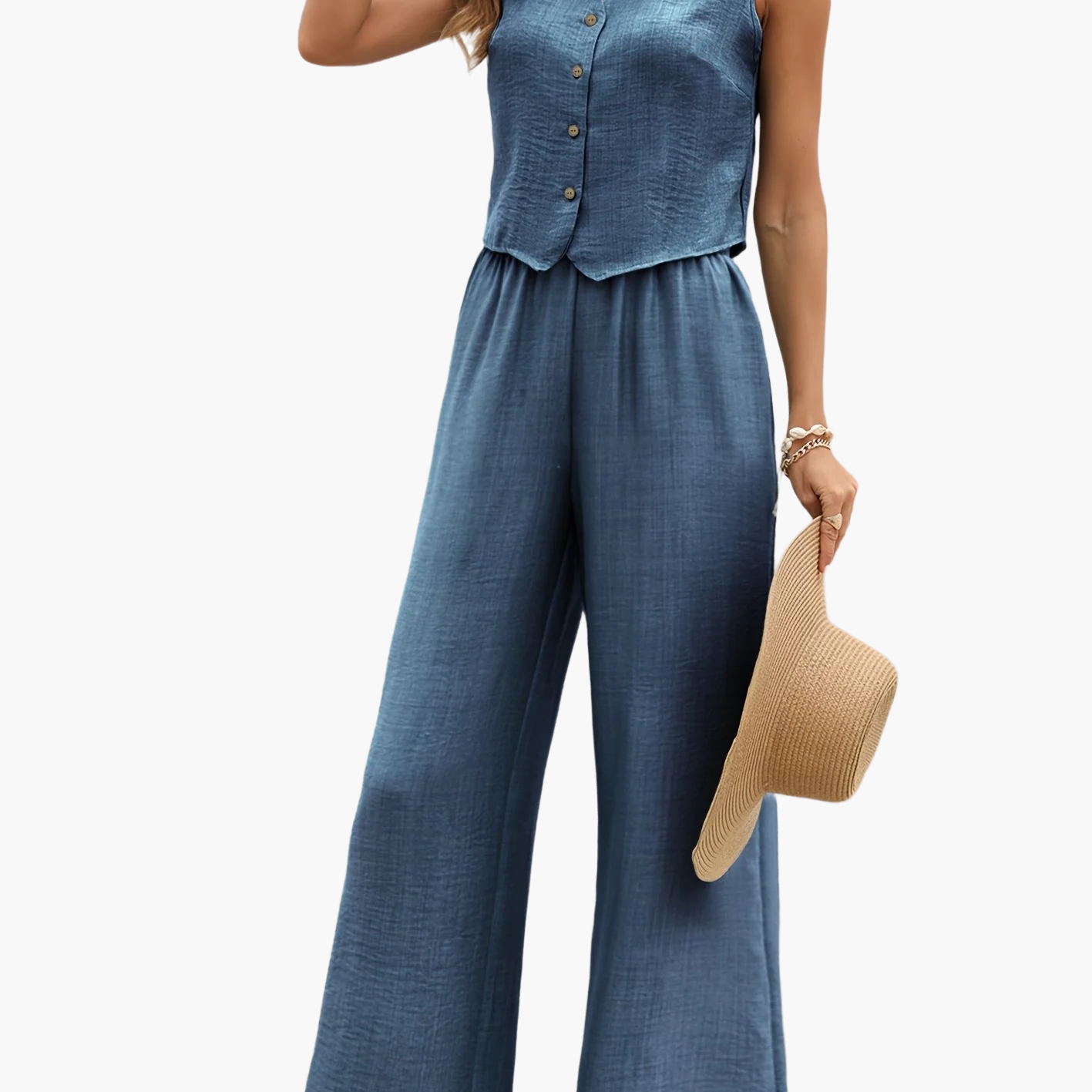 Damen Zweiteiler Jumpsuit mit Weste und Knopfleiste – Eleganter Sommeranzug für Alltag und Urlaub