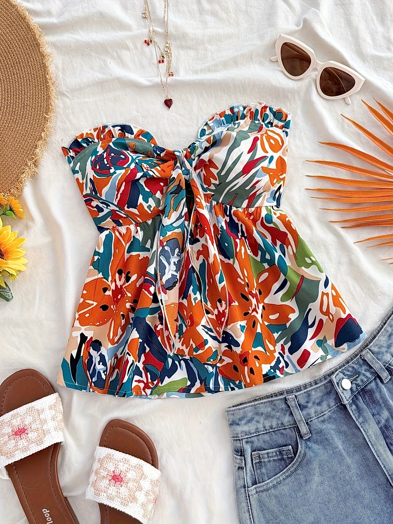Damen Bandeau Crop Top mit Knotendetail und Blumenmuster – Sommerliches Freizeit- und Strand-Outfit