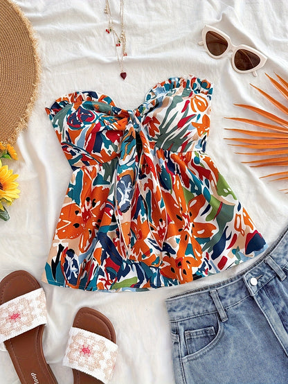 Damen Bandeau Crop Top mit Knotendetail und Blumenmuster – Sommerliches Freizeit- und Strand-Outfit