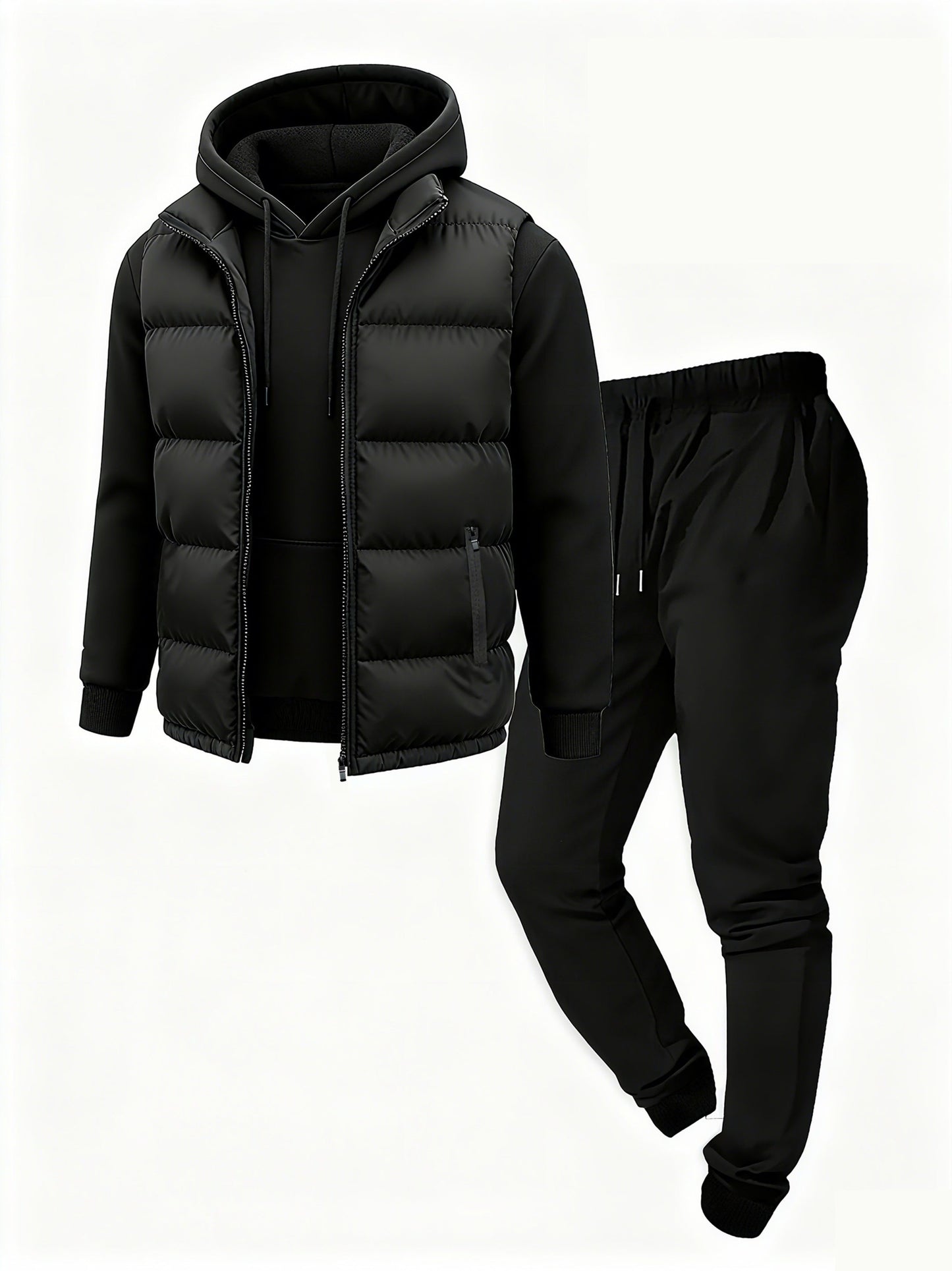 Herren Jogginganzug Set Schwarz mit Steppweste, Kapuzenpullover & Jogginghose