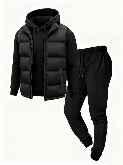 Herren Jogginganzug Set Schwarz mit Steppweste, Kapuzenpullover & Jogginghose