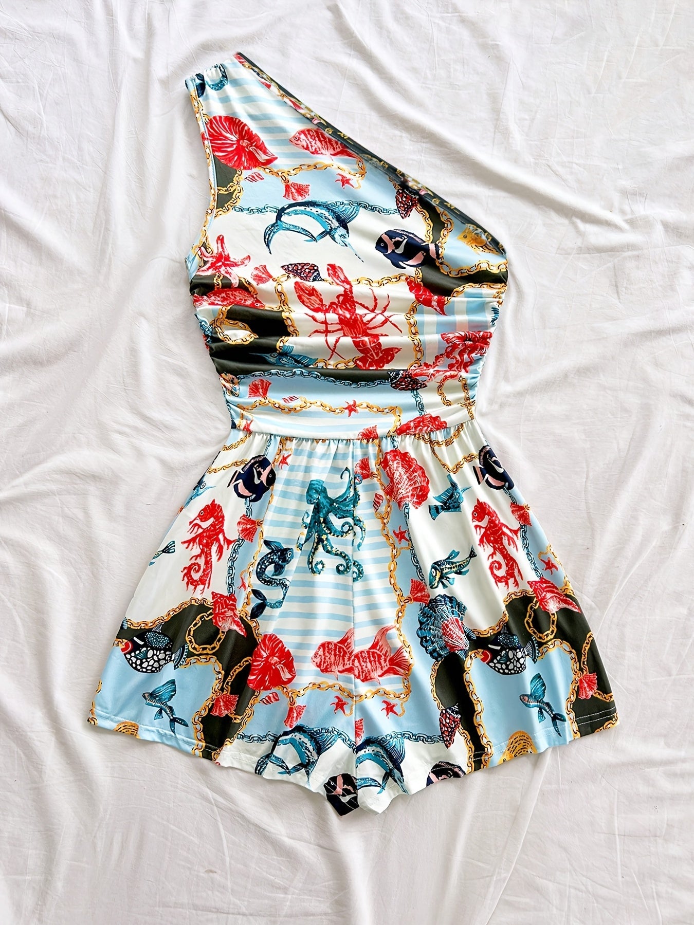 Damen Ein-Schulter-Jumpsuit mit tropischem Print – Modischer Sommer-Overall für Freizeit und Urlaub