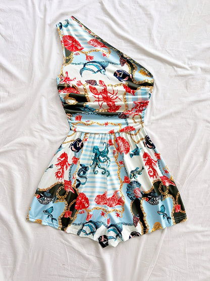 Damen Ein-Schulter-Jumpsuit mit tropischem Print – Modischer Sommer-Overall für Freizeit und Urlaub