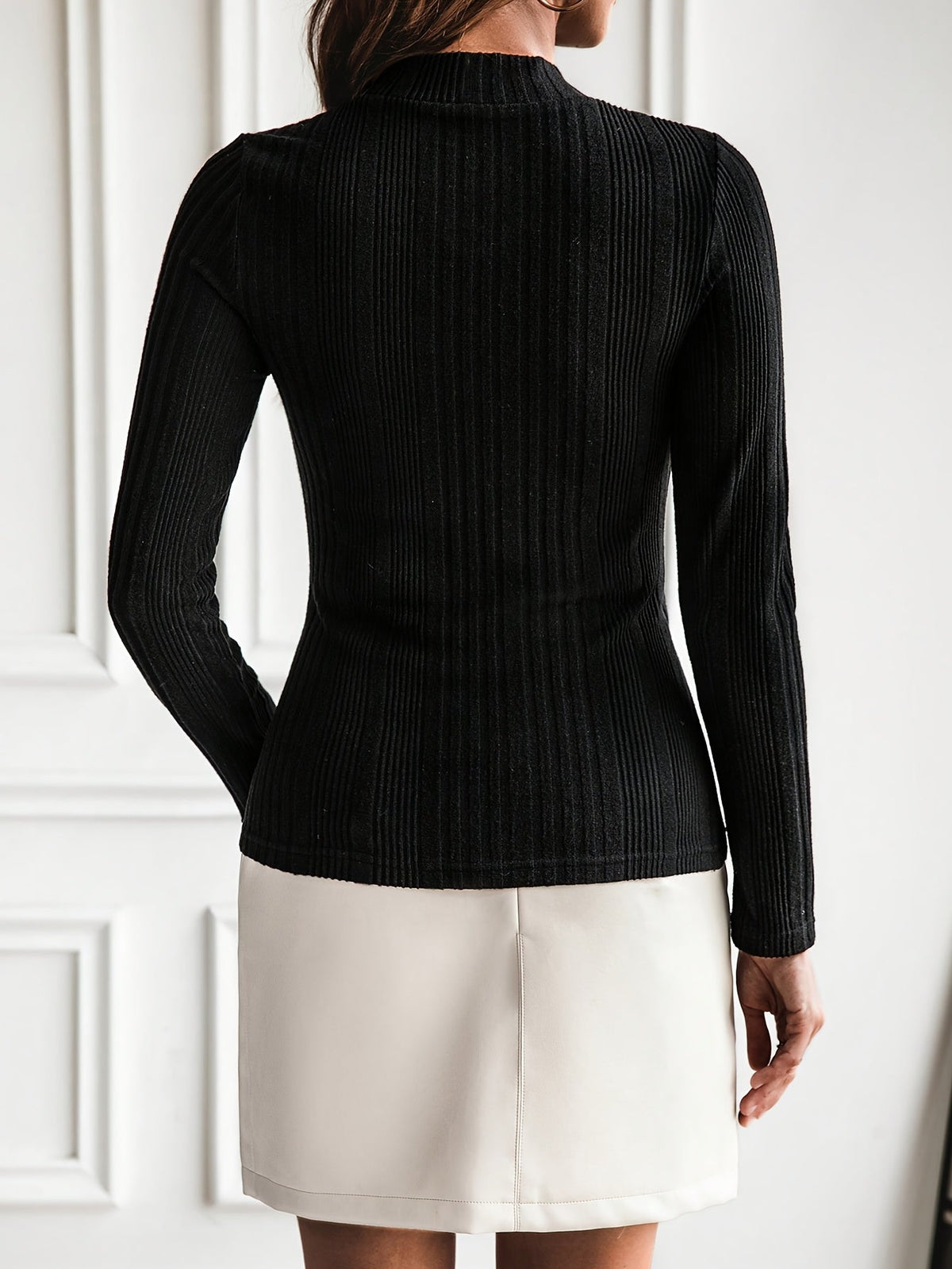 Damen Rippstrick Mock-Neck Pullover mit Goldknöpfen Langarm