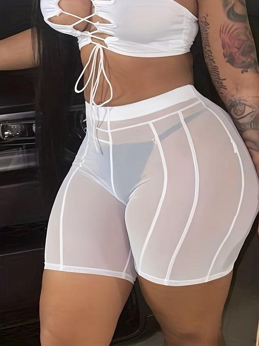 Damen Sexy High Waist Mesh Radler-Shorts mit Kontrastnähten – Modische transparente Badeshorts für Strand & Festival