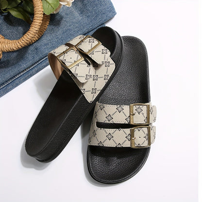 Damen Slide Sandalen mit Doppelriemen und Schnallen – Modische Freizeitschuhe für Alltag und Urlaub