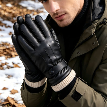 Unisex Winterhandschuhe Schwarz mit Strickbündchen, Thermofutter & Riemen-Detail