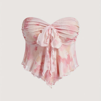 Damen Bandeau-Top mit Schleifen-Detail und abstraktem Muster – Modisches Party- und Ausgeh-Oberteil