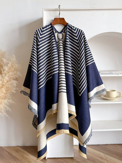 Damen Poncho Cape mit Streifenmuster – Eleganter Überwurf im klassischen Stil für vielseitige Outfits