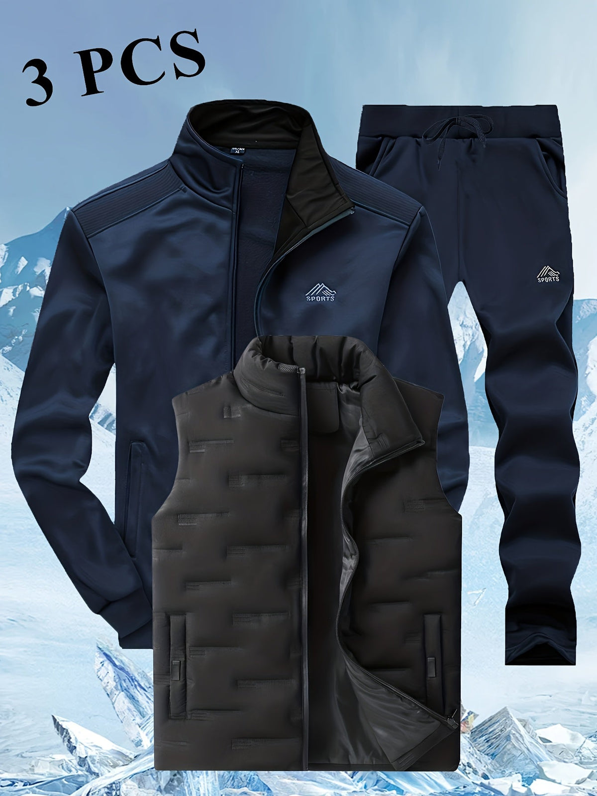 Herren 3-teiliger Sportanzug mit Stehkragen Jacke, Jogginghose & Steppweste