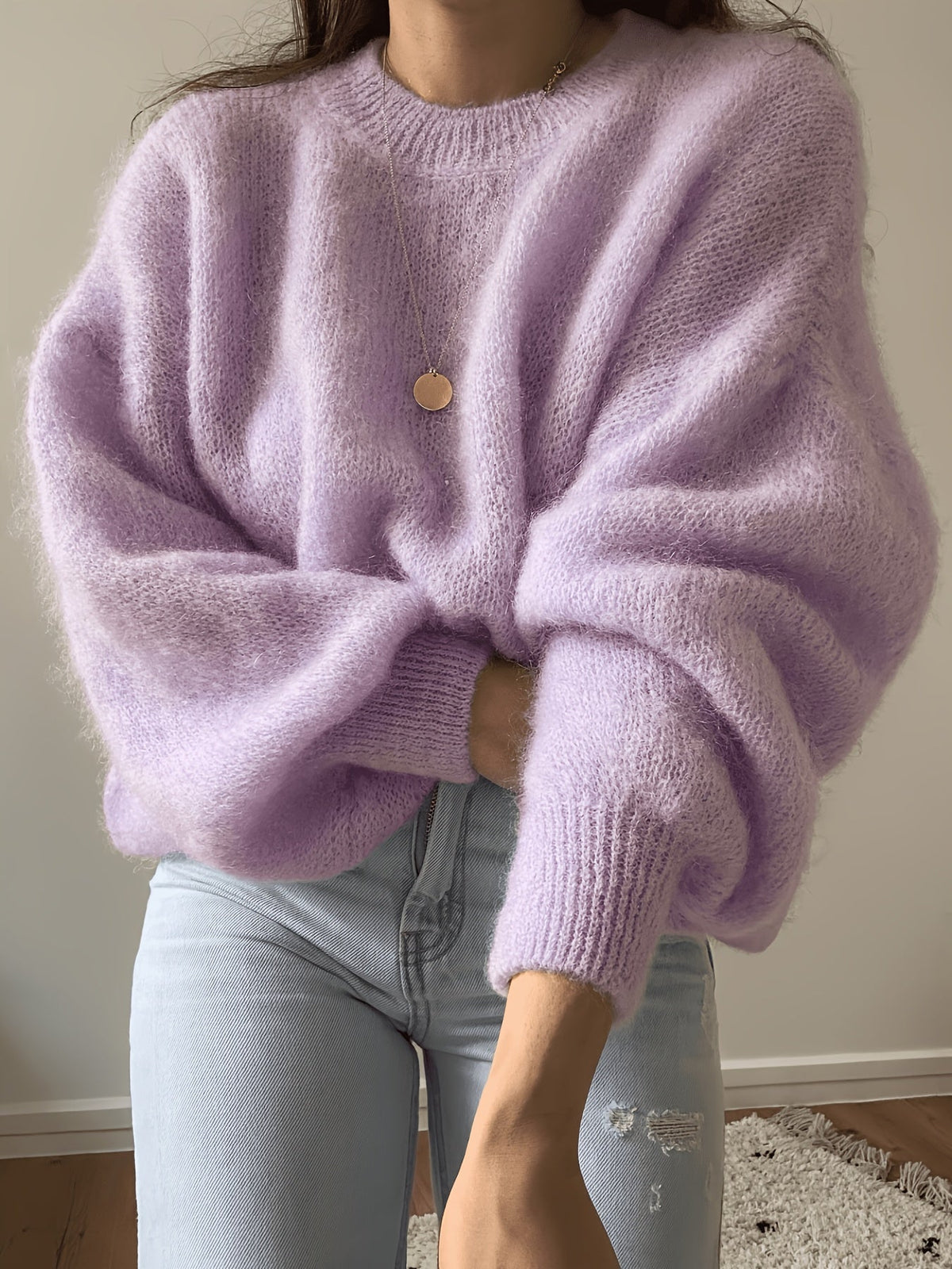 Damen Oversize Pullover Rundhals Weich Strick Langarm