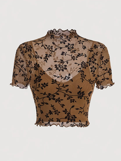 Damen Crop Top Mesh mit Blumenmuster – Elegantes halbtransparentes Shirt für Frühling & Sommer