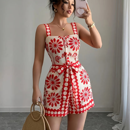Damen Jumpsuit mit Blumenmuster und Taillengürtel – Eleganter Freizeit Einteiler