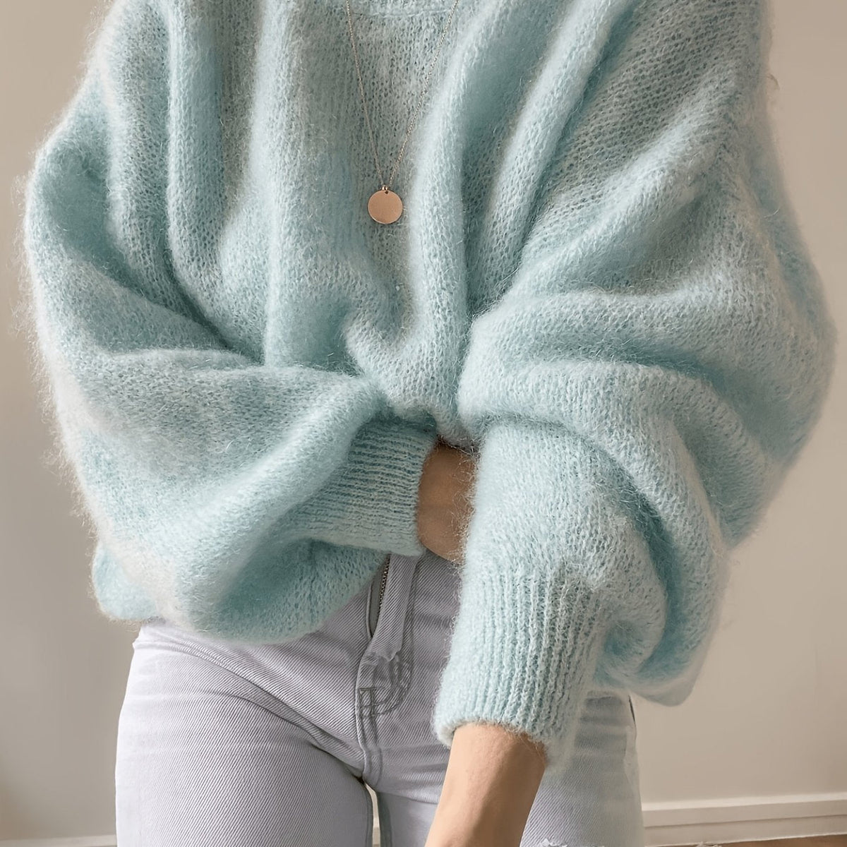 Damen Oversize Pullover Rundhals Weich Strick Langarm